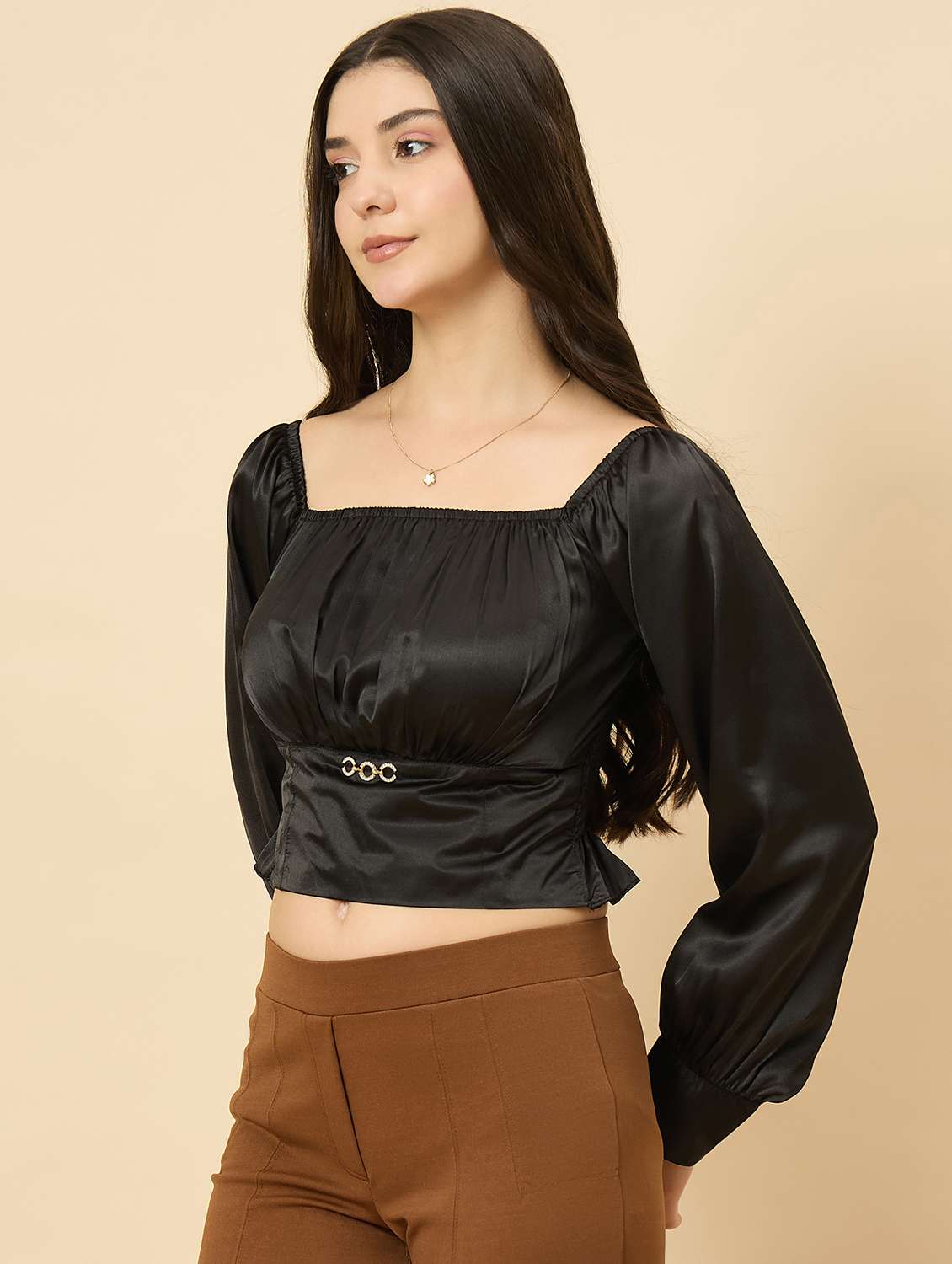 women black solid puff sleeve crop top - 22177792 -  Standard Image - 3