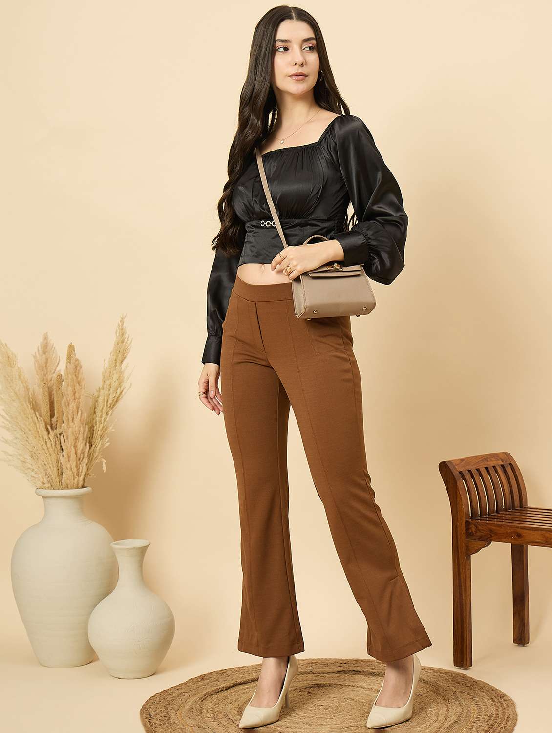 women black solid puff sleeve crop top - 22177792 -  Standard Image - 5