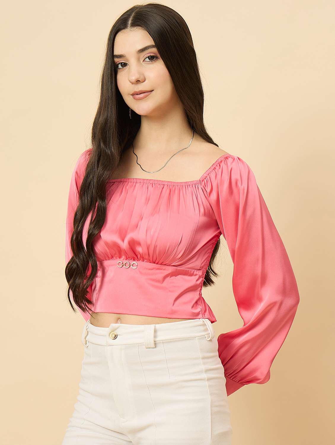 women pink solid puff sleeve crop top - 22177793 -  Standard Image - 3