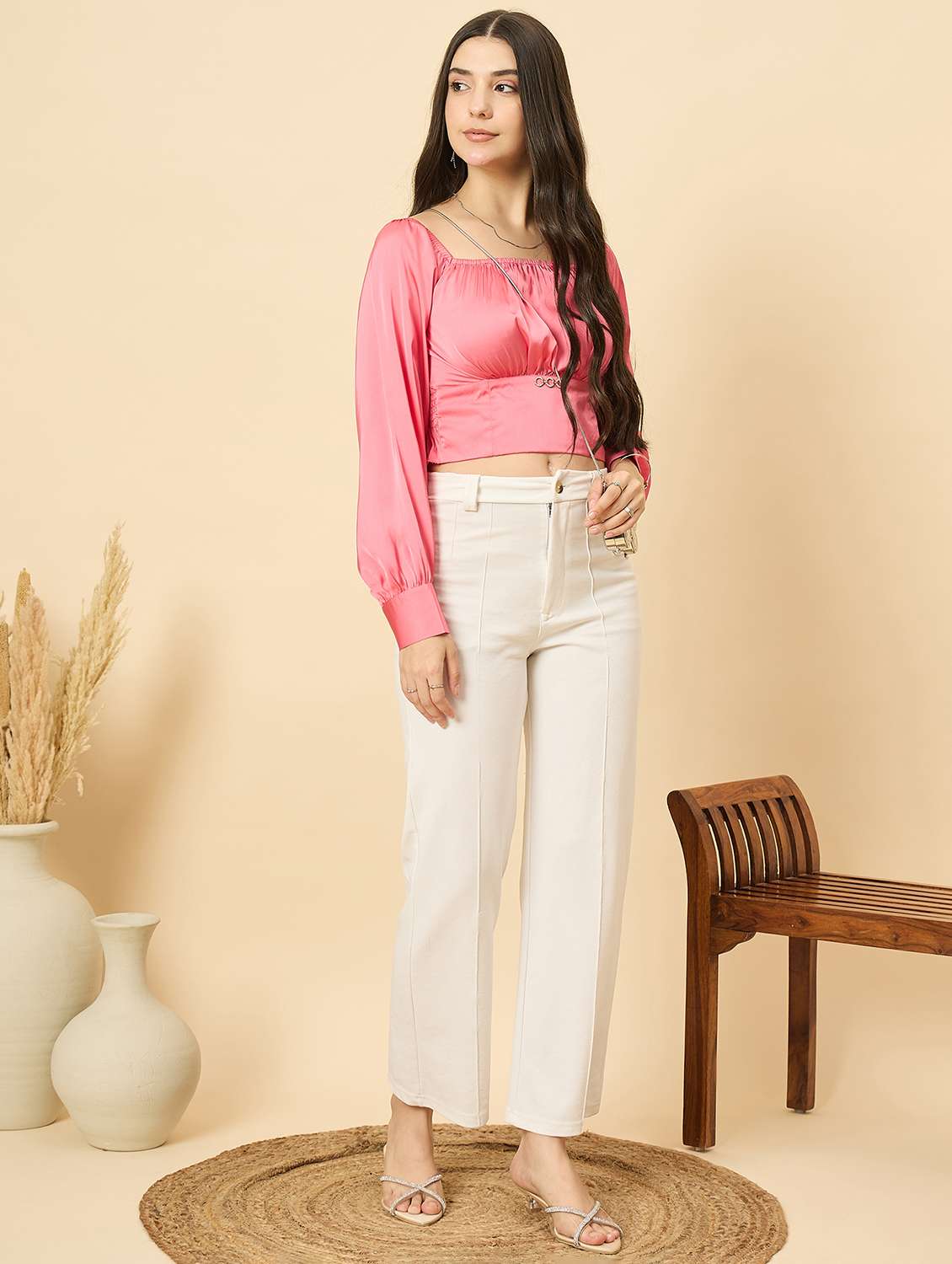 women pink solid puff sleeve crop top - 22177793 -  Standard Image - 5