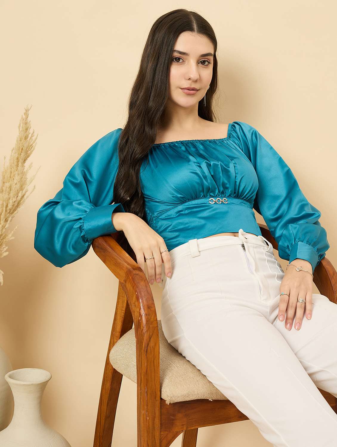 women turquoise solid puff sleeve crop top