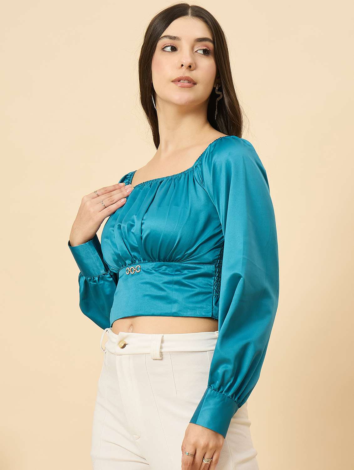 women turquoise solid puff sleeve crop top - 22177794 -  Standard Image - 3