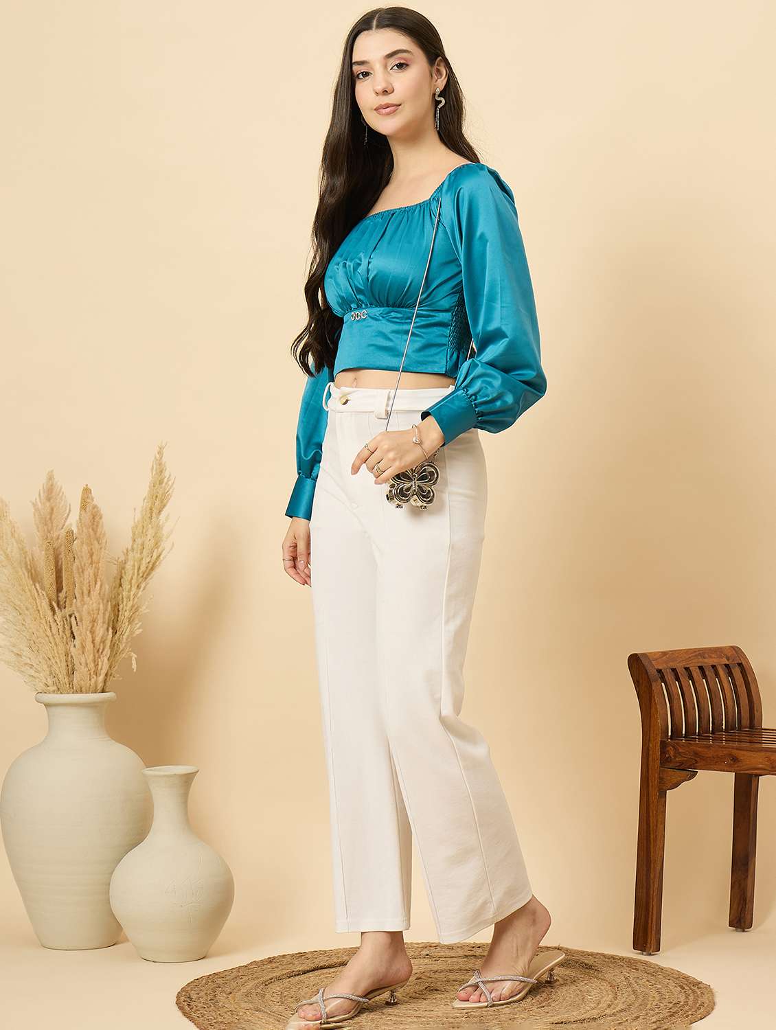 women turquoise solid puff sleeve crop top - 22177794 -  Standard Image - 5