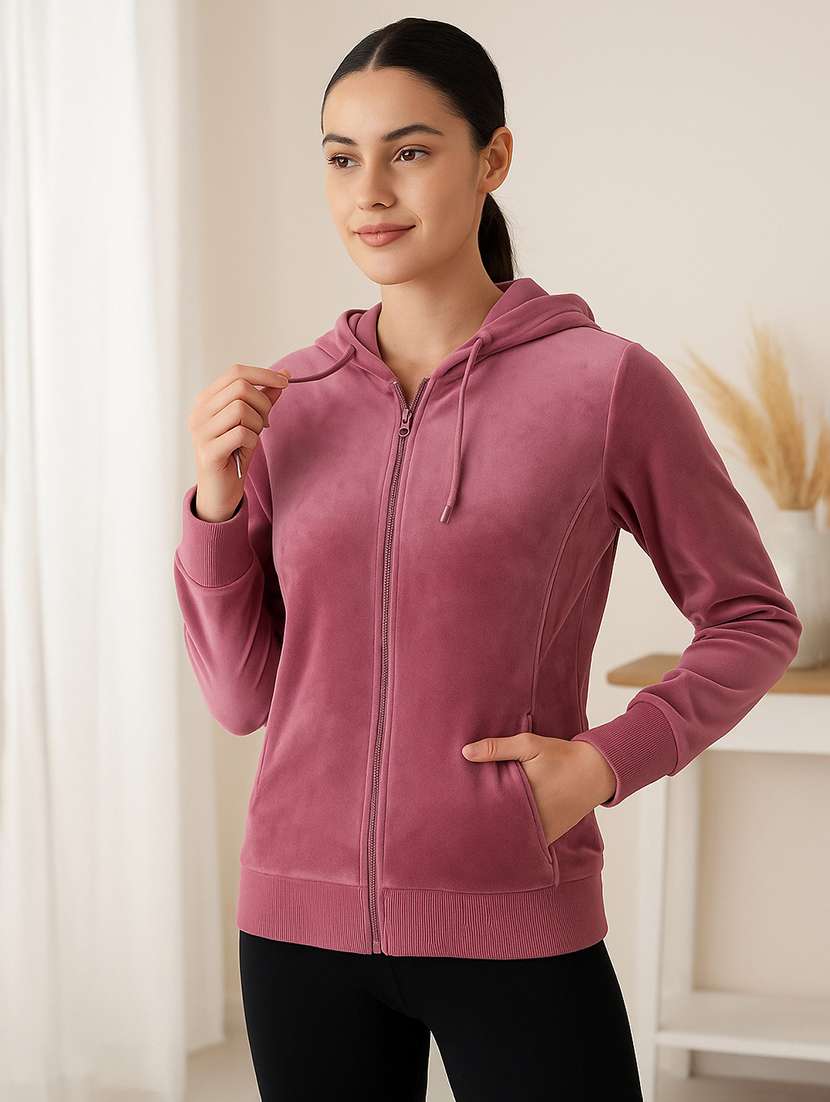 women solid long sleeve hooded sweatshirt