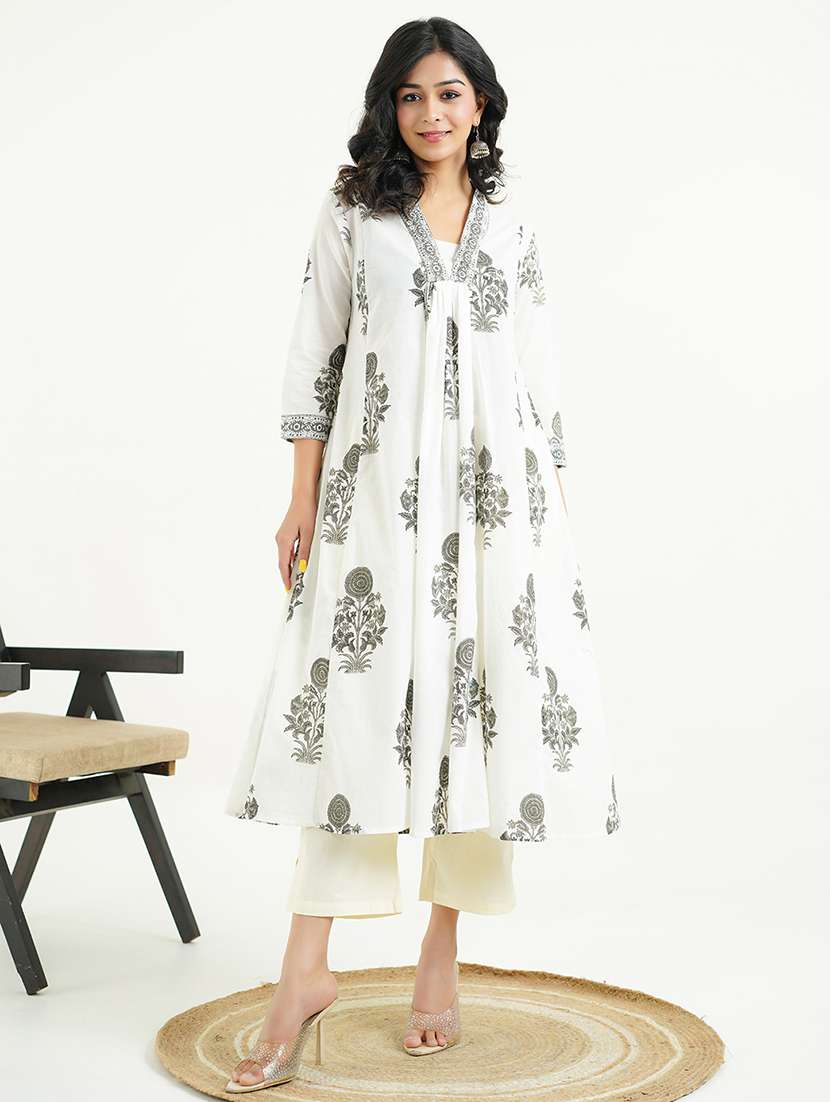 women white printed three quarter sleeve a-line kurta