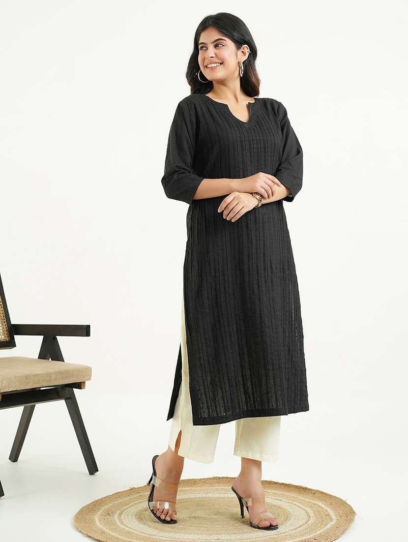 women solid three quarter sleeve straight kurta - 22177866 -  Standard Image - 3
