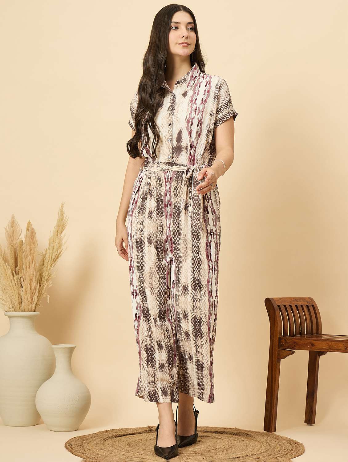 women printed collared short sleeve jumpsuit - 22177868 -  Zoom Image - 0