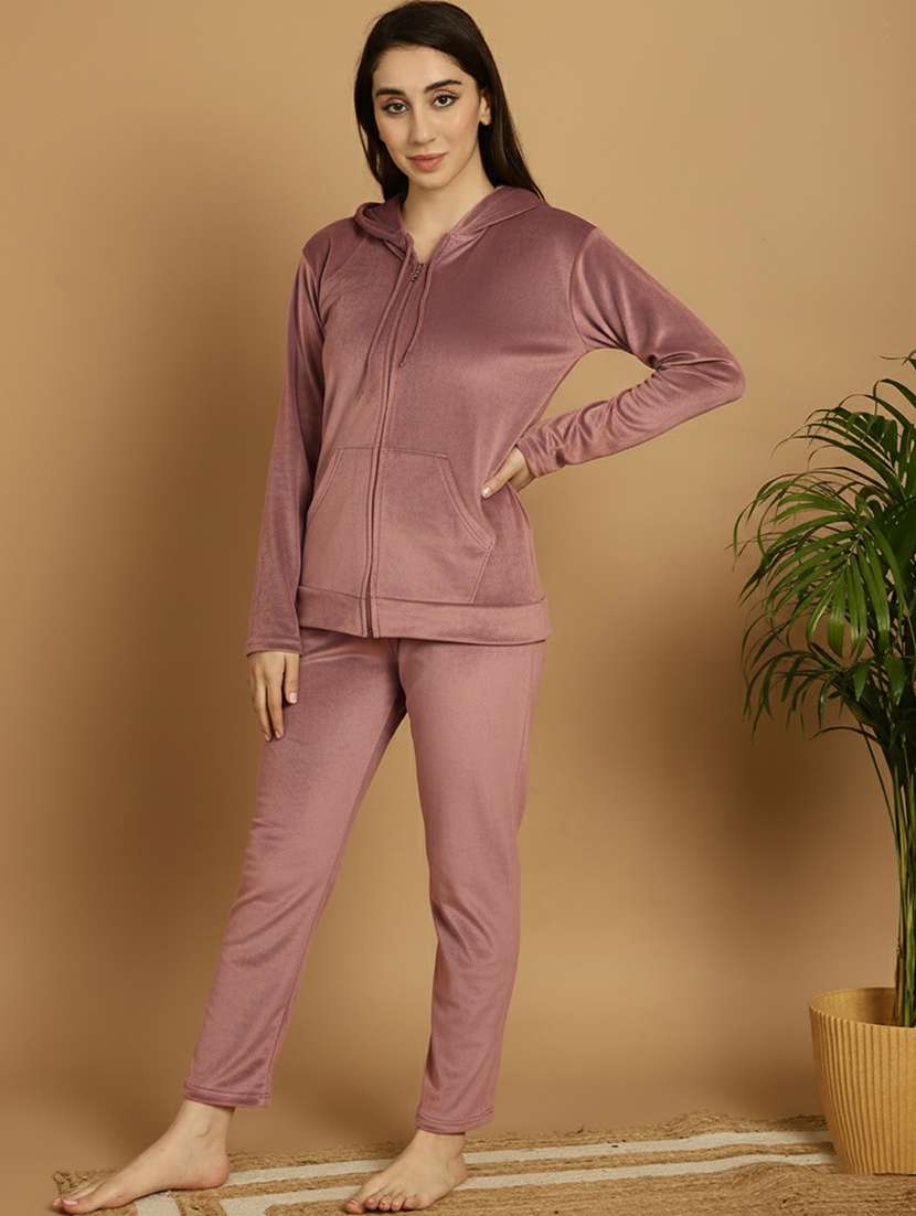 women solid hooded nightwear pyjama set