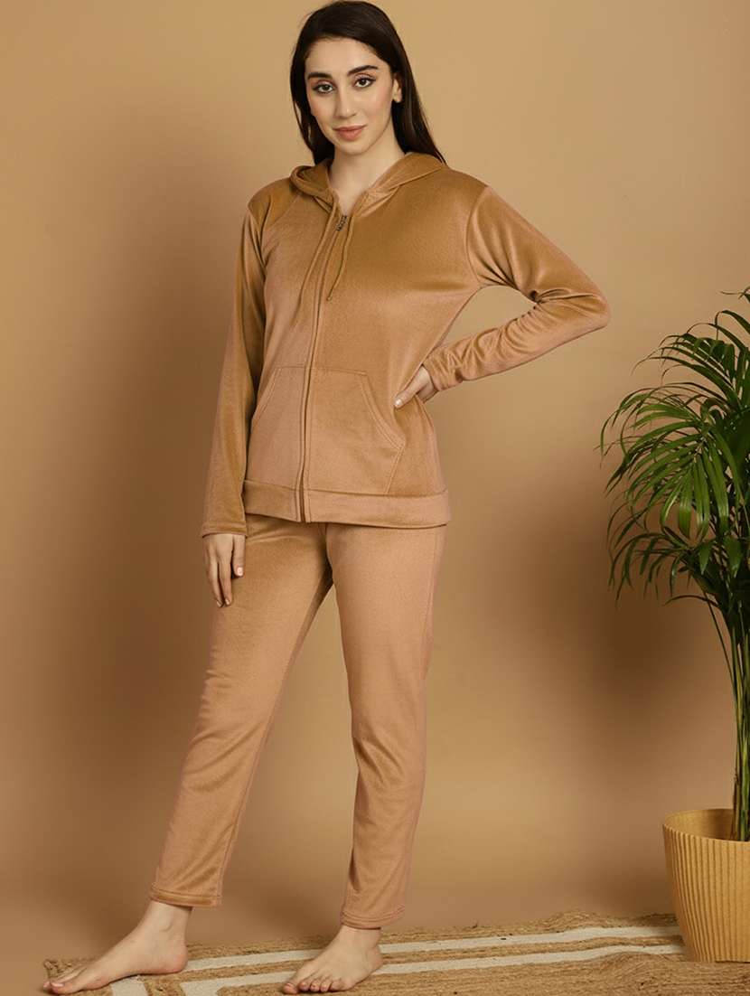 women solid hooded nightwear pyjama set