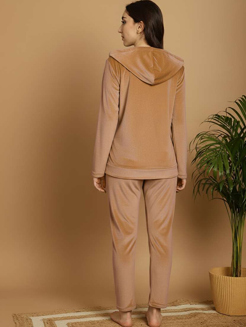 women solid hooded nightwear pyjama set - 22177877 -  Standard Image - 3