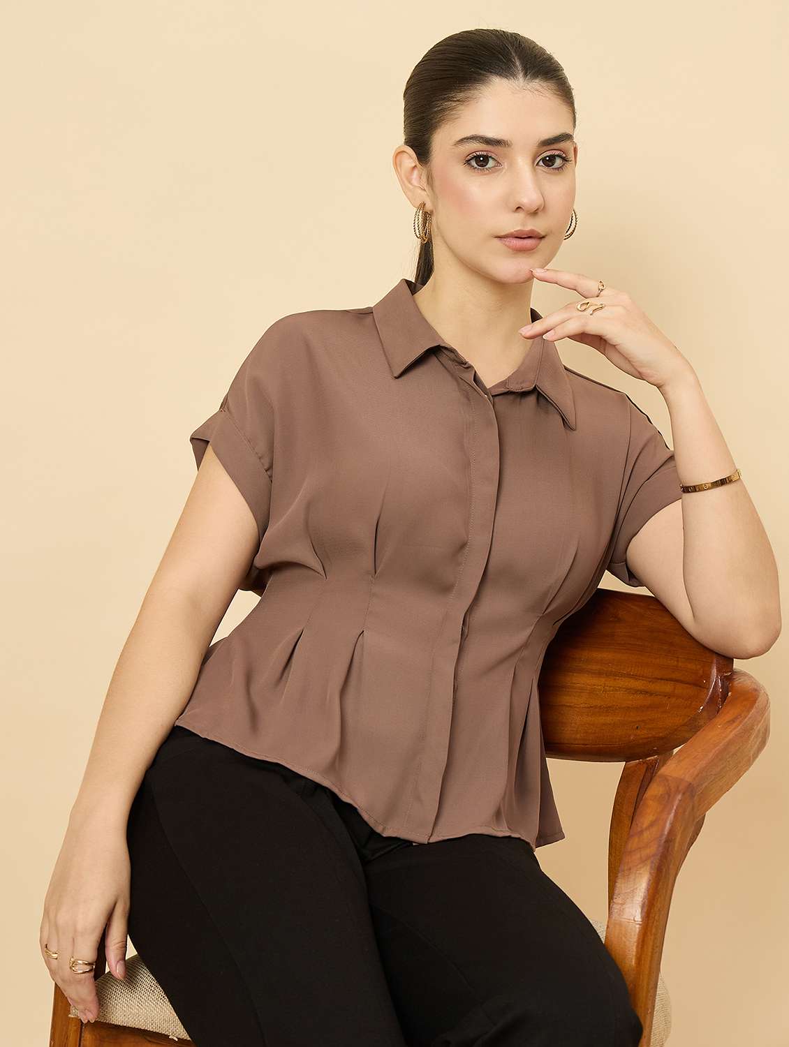 women brown solid collared shirt style top