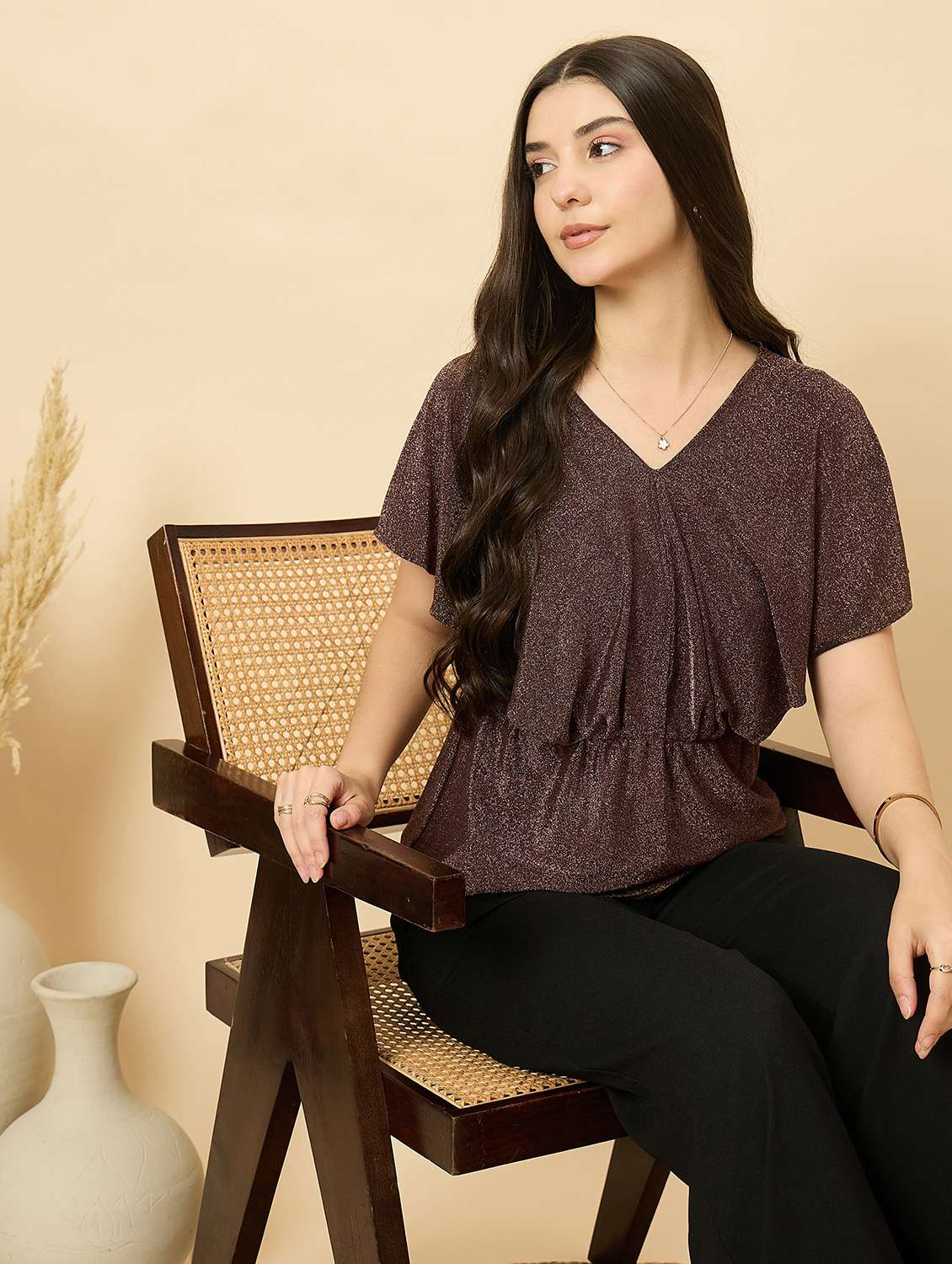 women brown solid batwing sleeve peplum top