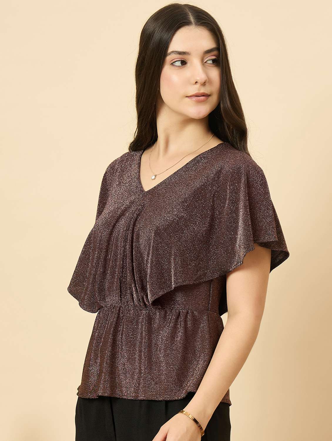 women brown solid batwing sleeve peplum top - 22177883 -  Standard Image - 3