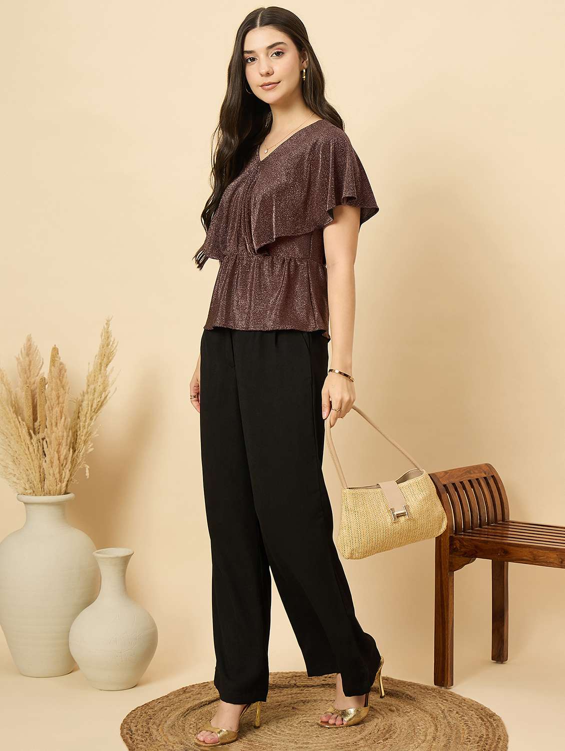 women brown solid batwing sleeve peplum top - 22177883 -  Standard Image - 5