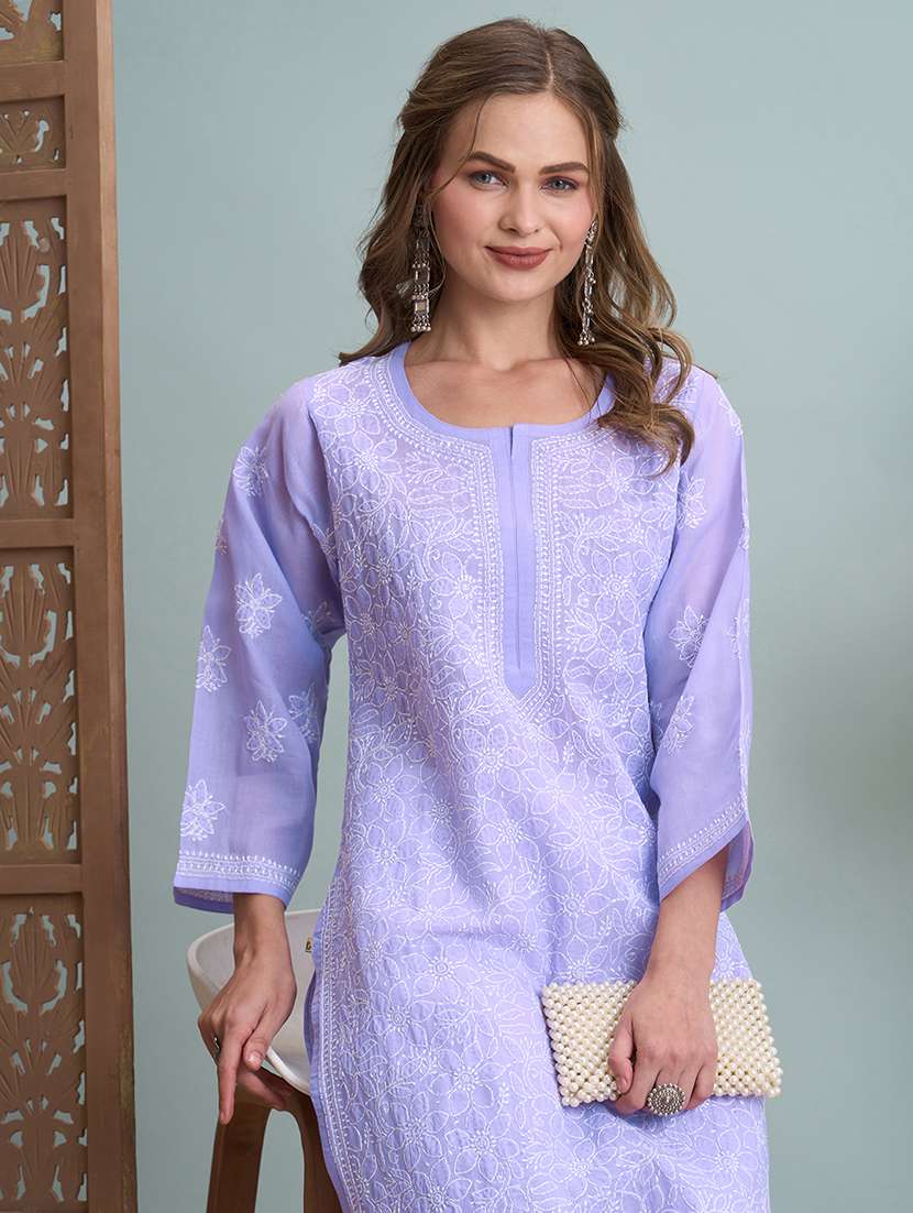 women solid with work three quarter sleeve straight kurta - 22177884 -  Standard Image - 5