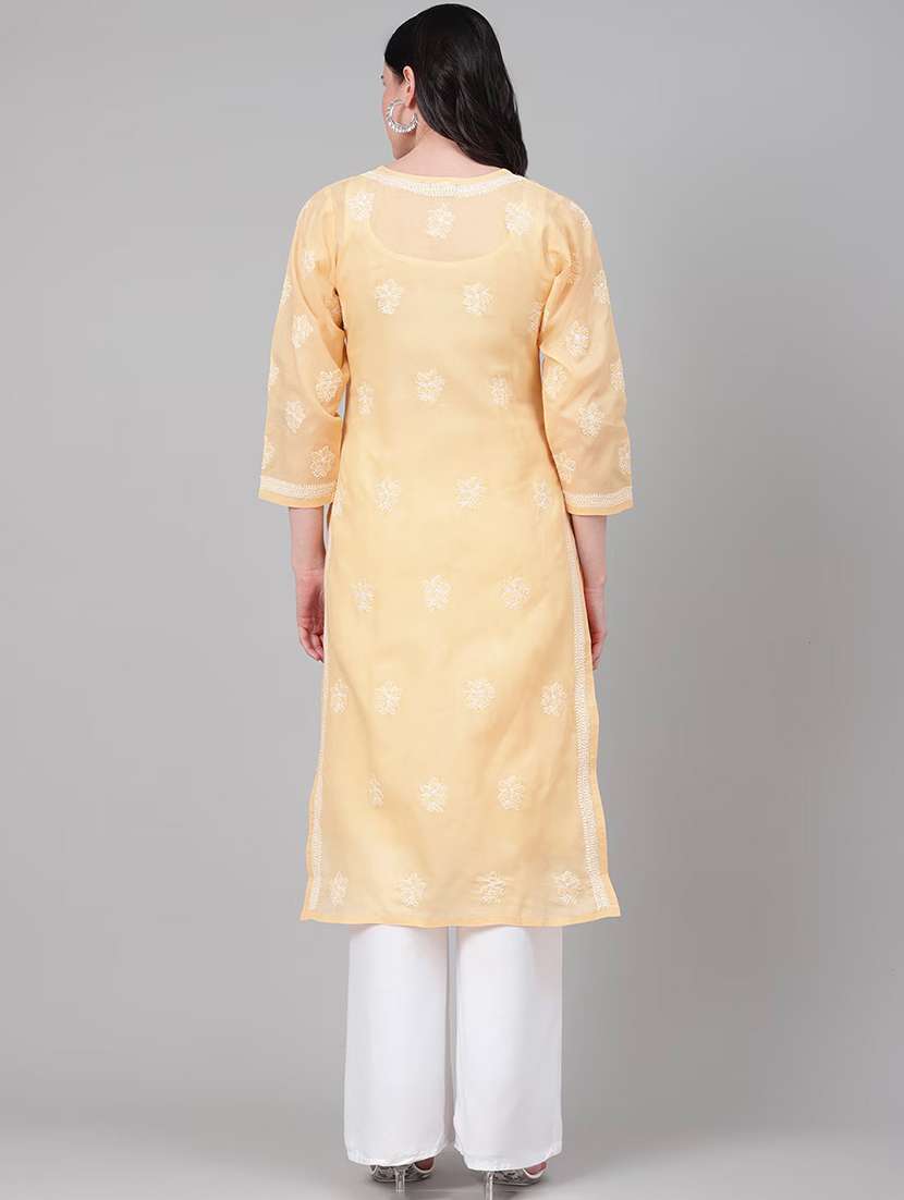 women solid with work three quarter sleeve straight kurta - 22177885 -  Standard Image - 3
