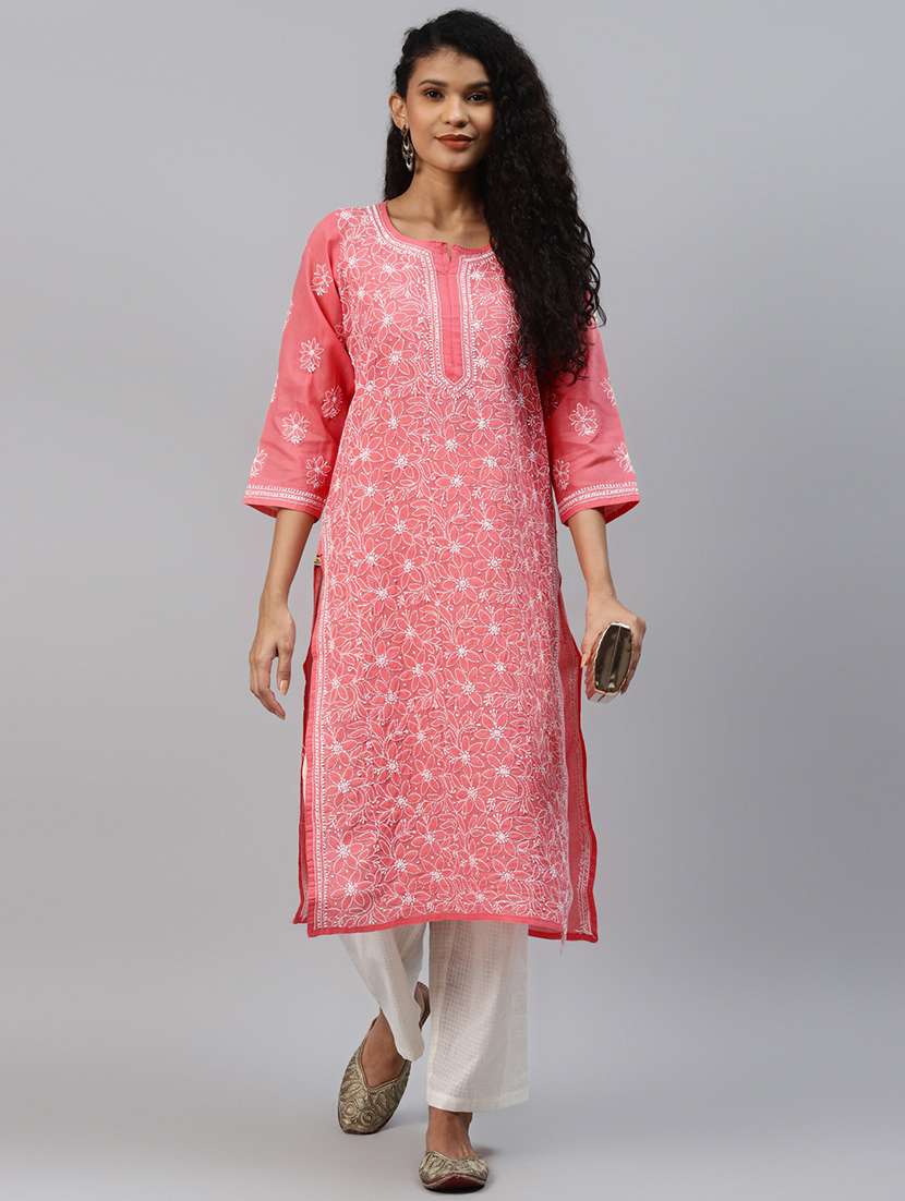 women solid with work three quarter sleeve straight kurta