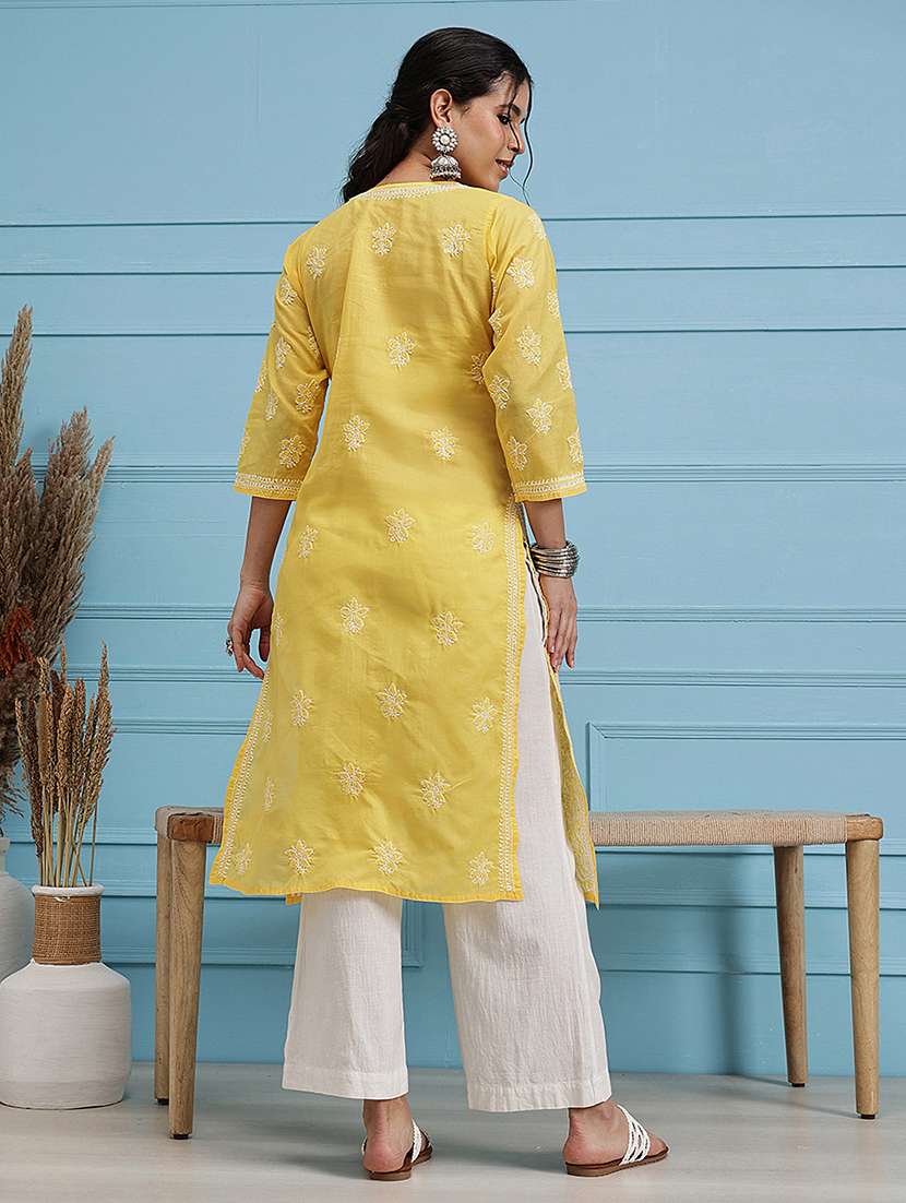 women solid with work three quarter sleeve straight kurta - 22177891 -  Standard Image - 3