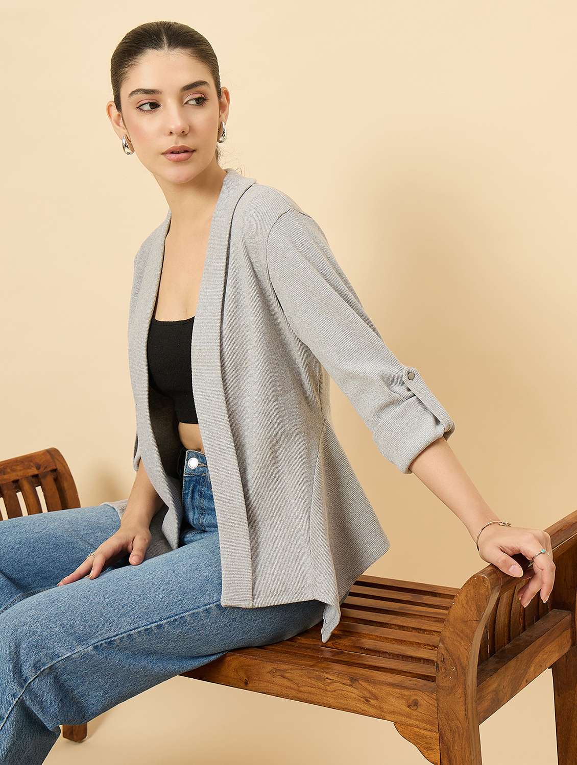 women solid long sleeve asymmetric shrug