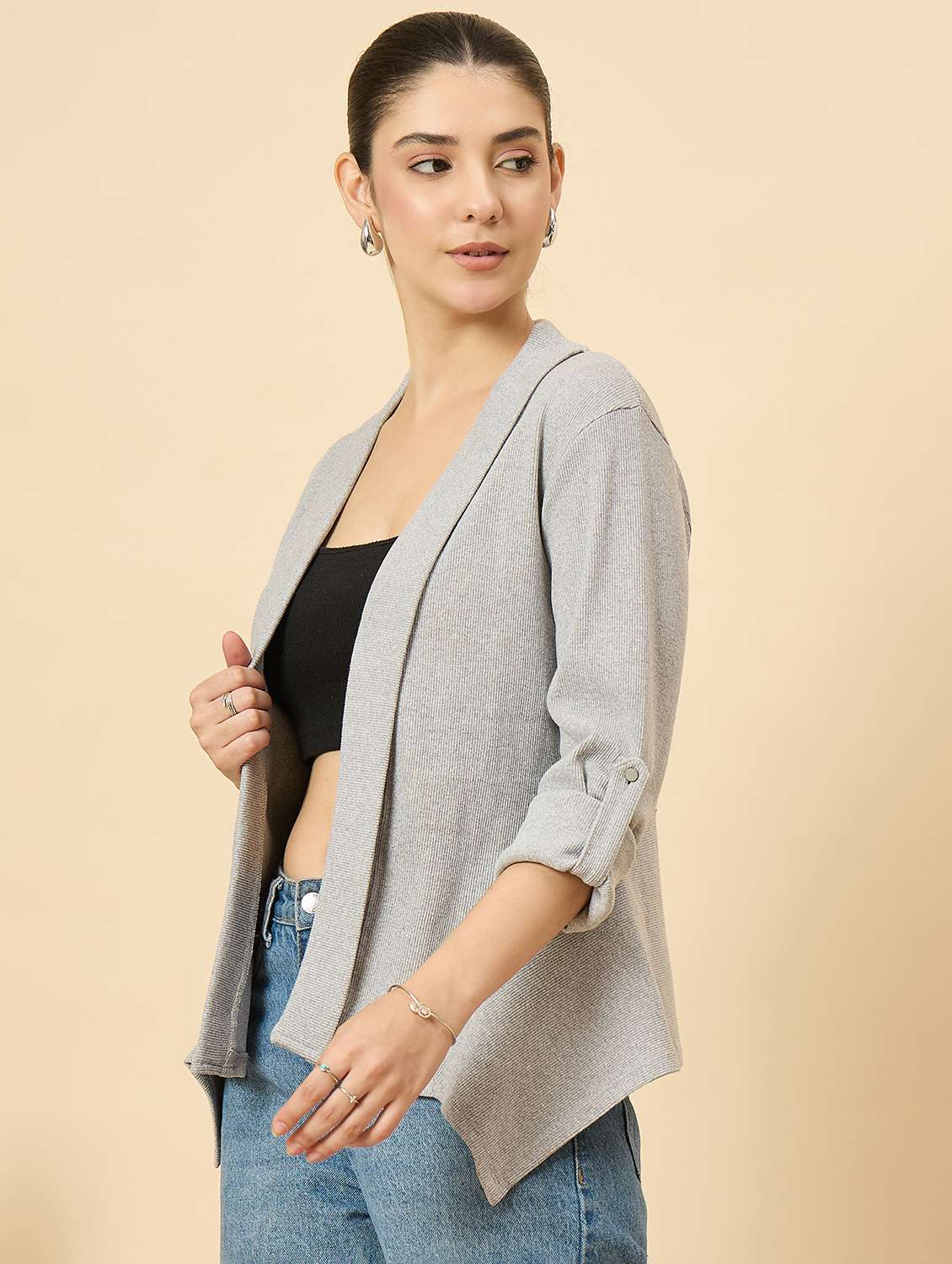 women solid long sleeve asymmetric shrug - 22177902 -  Standard Image - 3