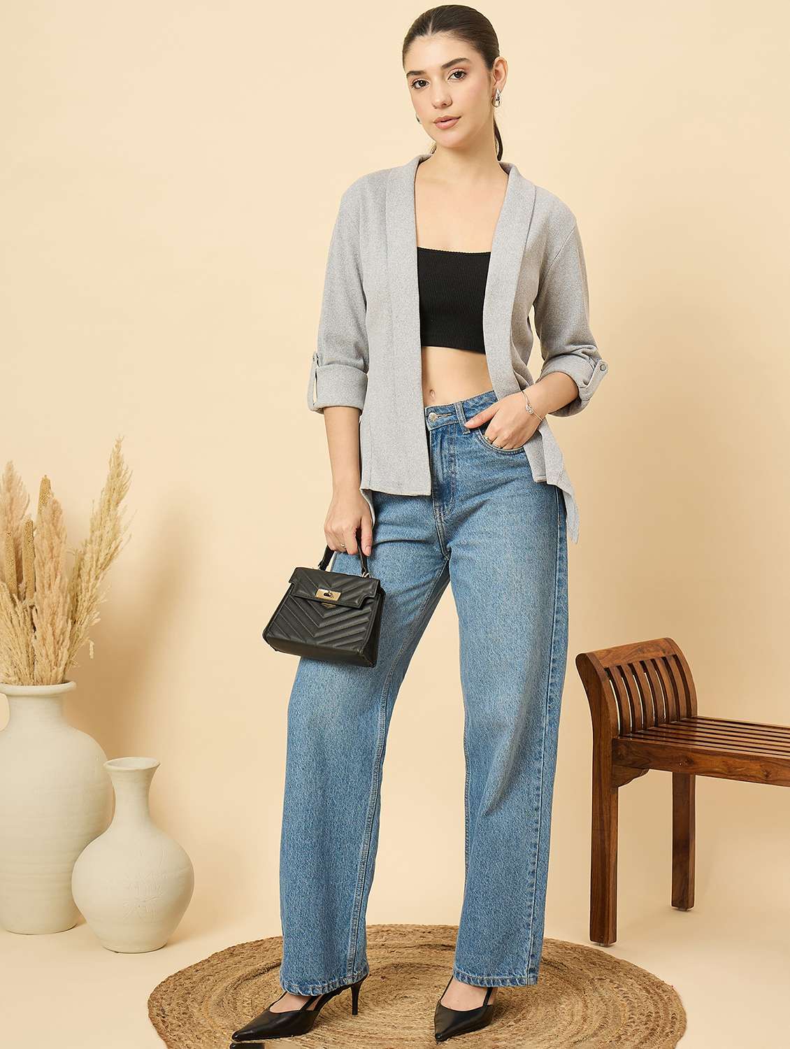 women solid long sleeve asymmetric shrug - 22177902 -  Standard Image - 5