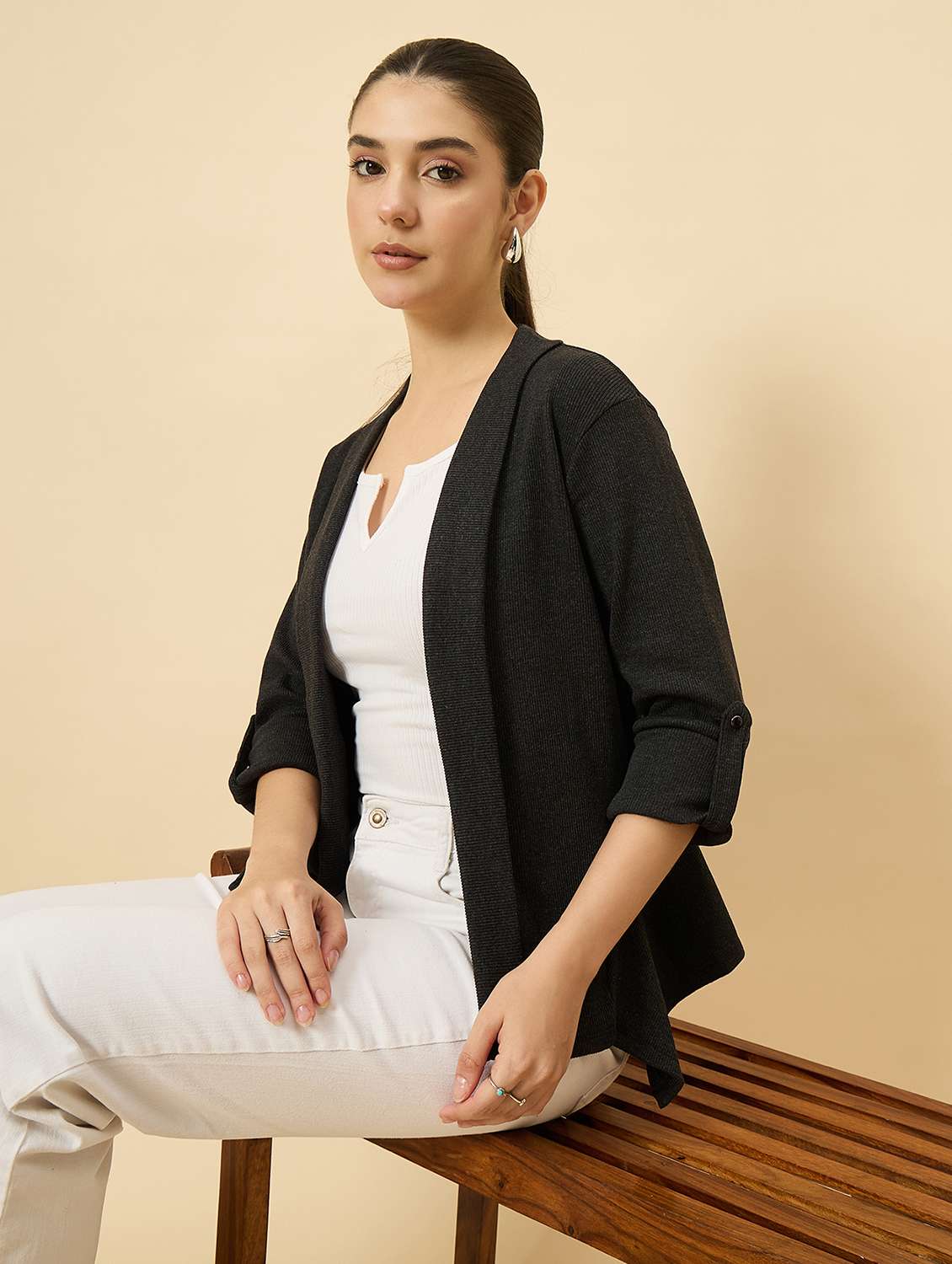 women solid long sleeve asymmetric shrug