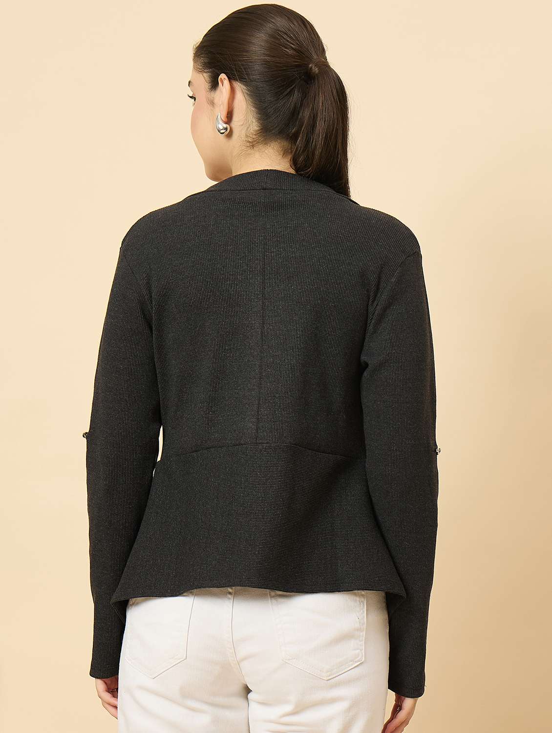 women solid long sleeve asymmetric shrug - 22177903 -  Standard Image - 3