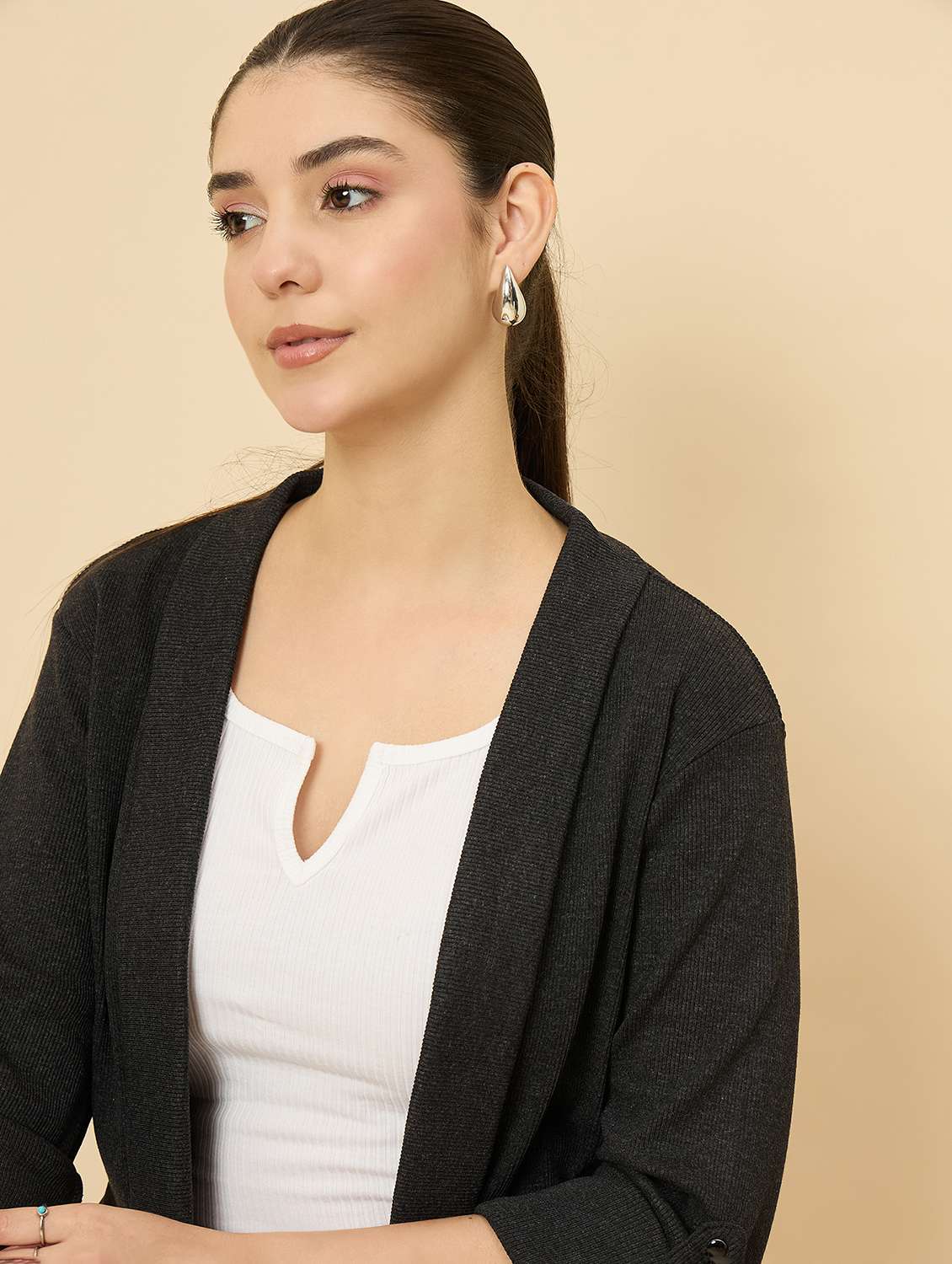 women solid long sleeve asymmetric shrug - 22177903 -  Standard Image - 5