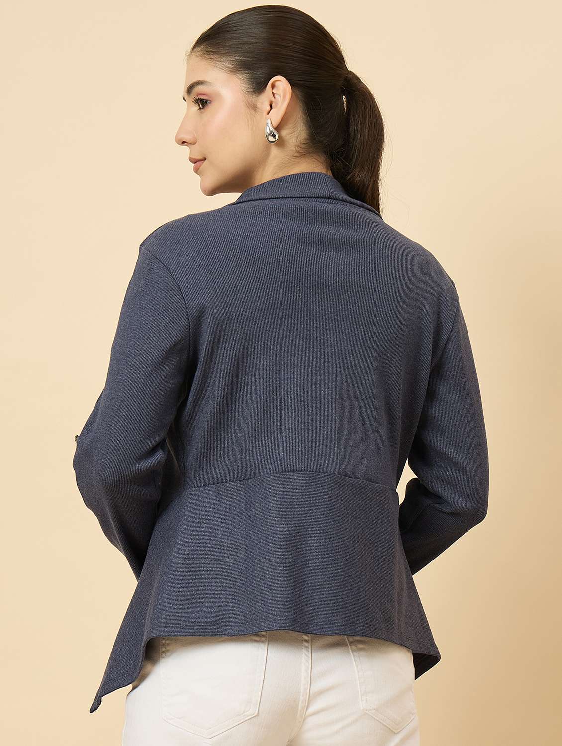 women solid long sleeve asymmetric shrug - 22177904 -  Standard Image - 3