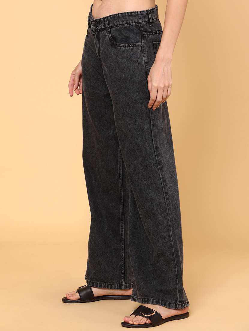 women solid mid rise wide leg jeans