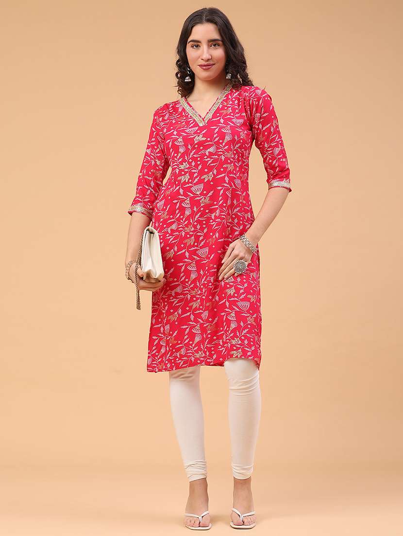women printed three quarter sleeve straight kurta