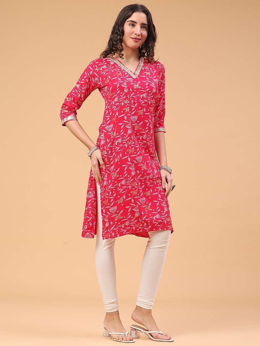 women printed three quarter sleeve straight kurta - 22178101 -  Standard Image - 3