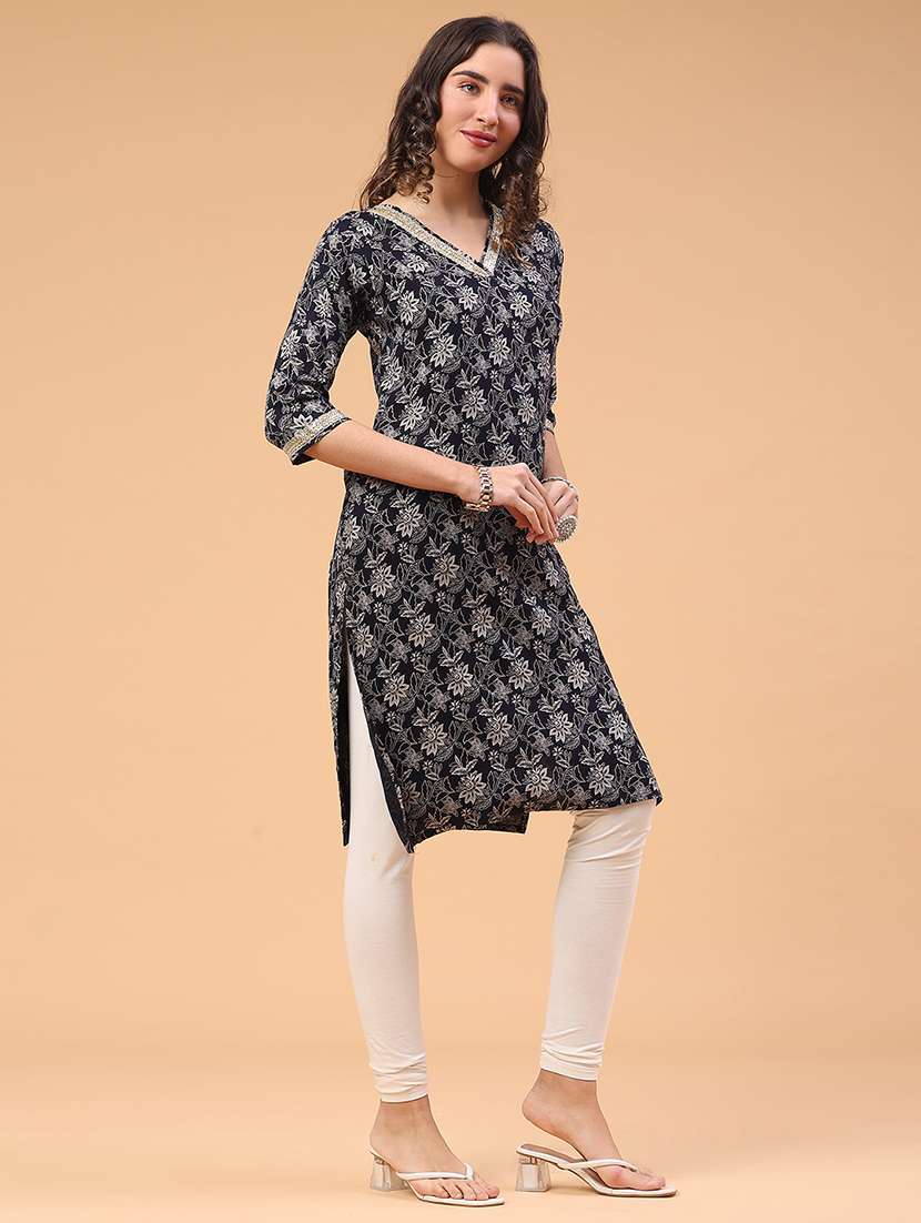 women floral printed three quarter sleeve straight kurta - 22178102 -  Standard Image - 3
