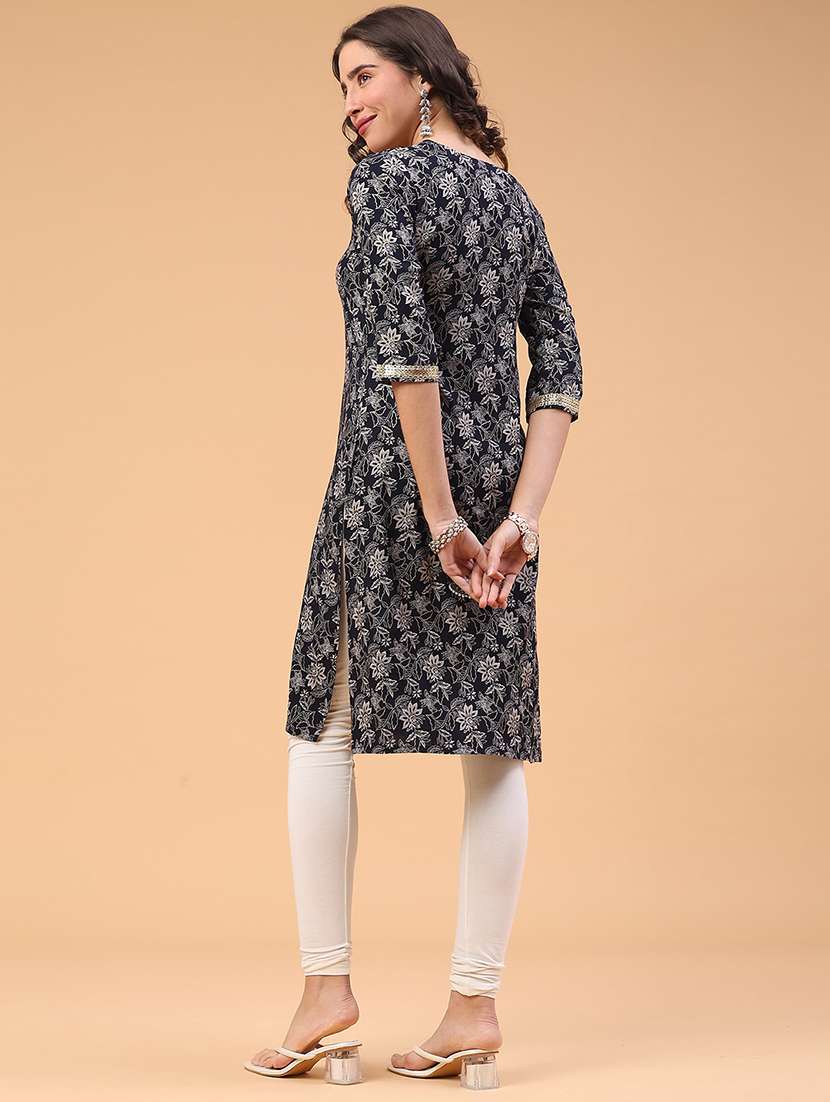 women floral printed three quarter sleeve straight kurta - 22178102 -  Standard Image - 5