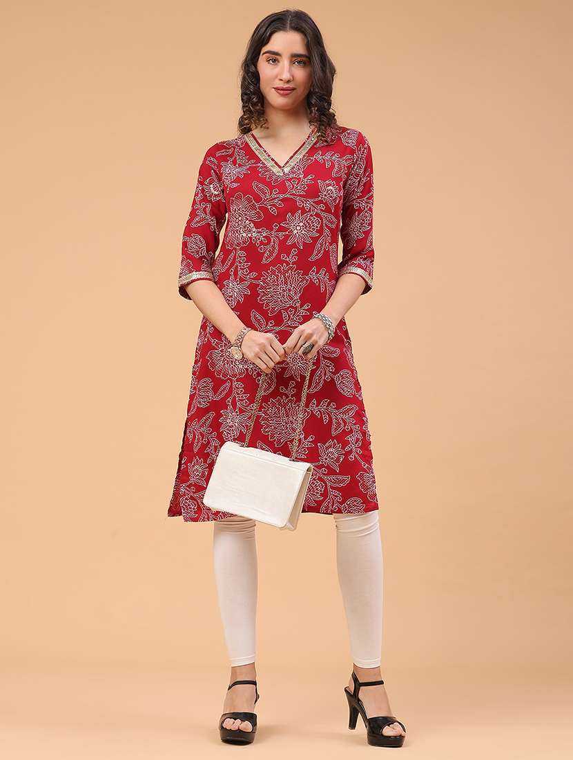 women floral printed three quarter sleeve straight kurta