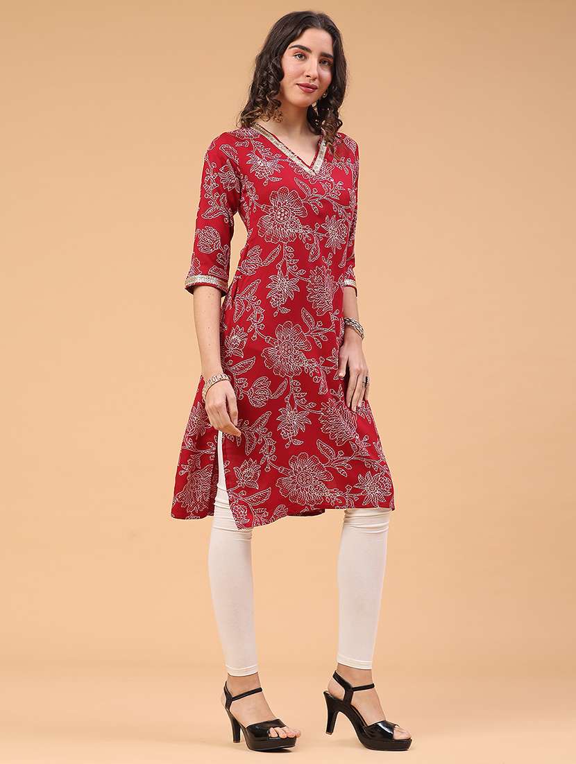 women floral printed three quarter sleeve straight kurta - 22178104 -  Standard Image - 3