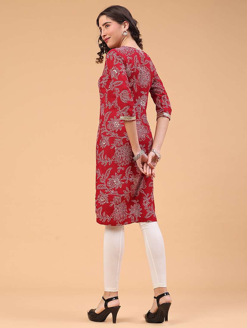 women floral printed three quarter sleeve straight kurta - 22178104 -  Standard Image - 5