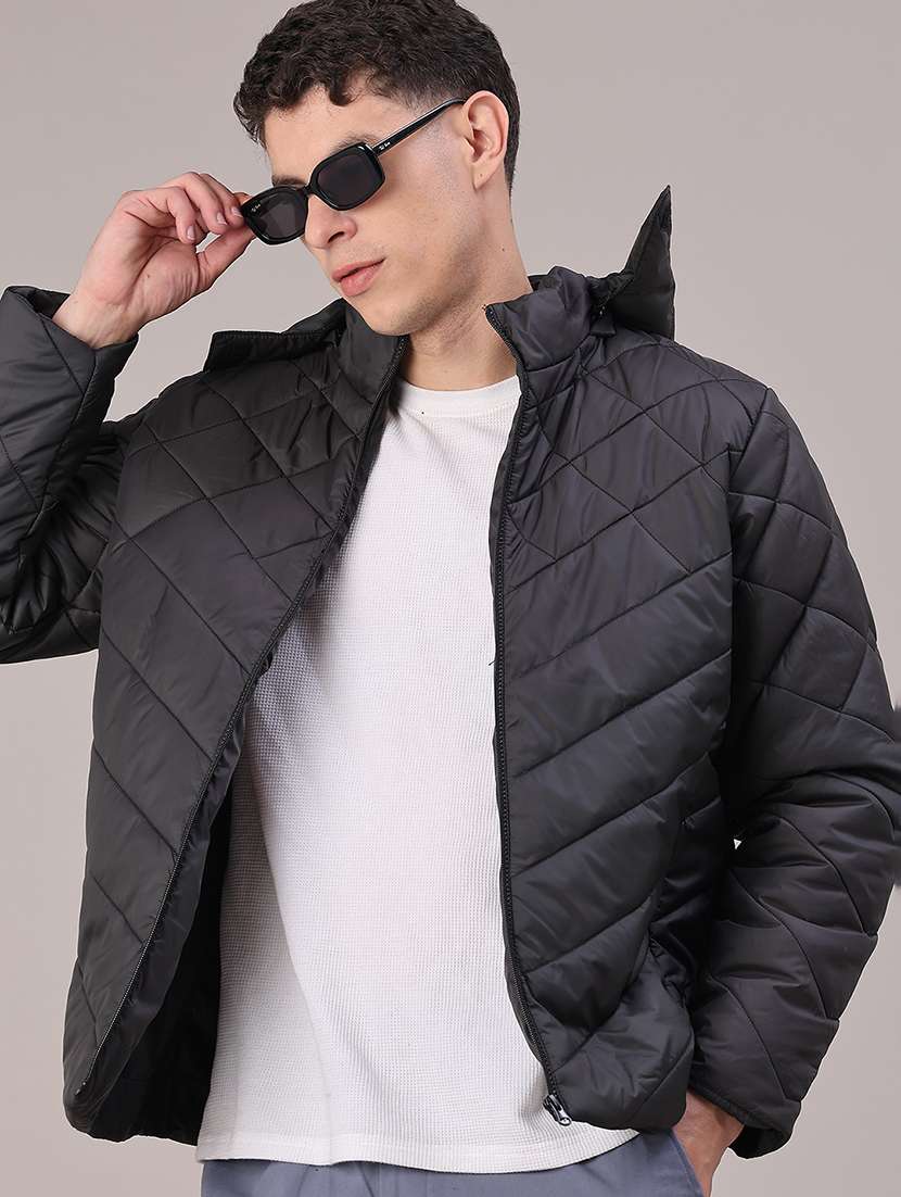 men solid long sleeve hooded puffer jacket