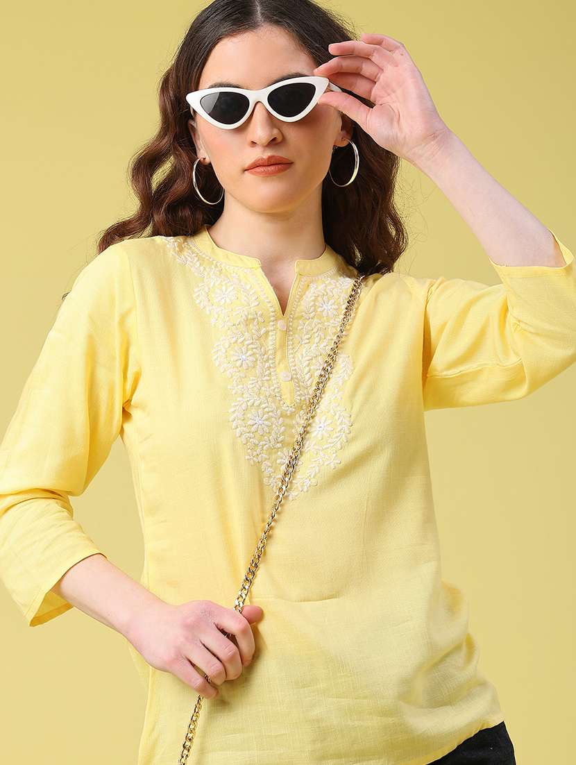 women solid with work three quarter sleeve straight kurti