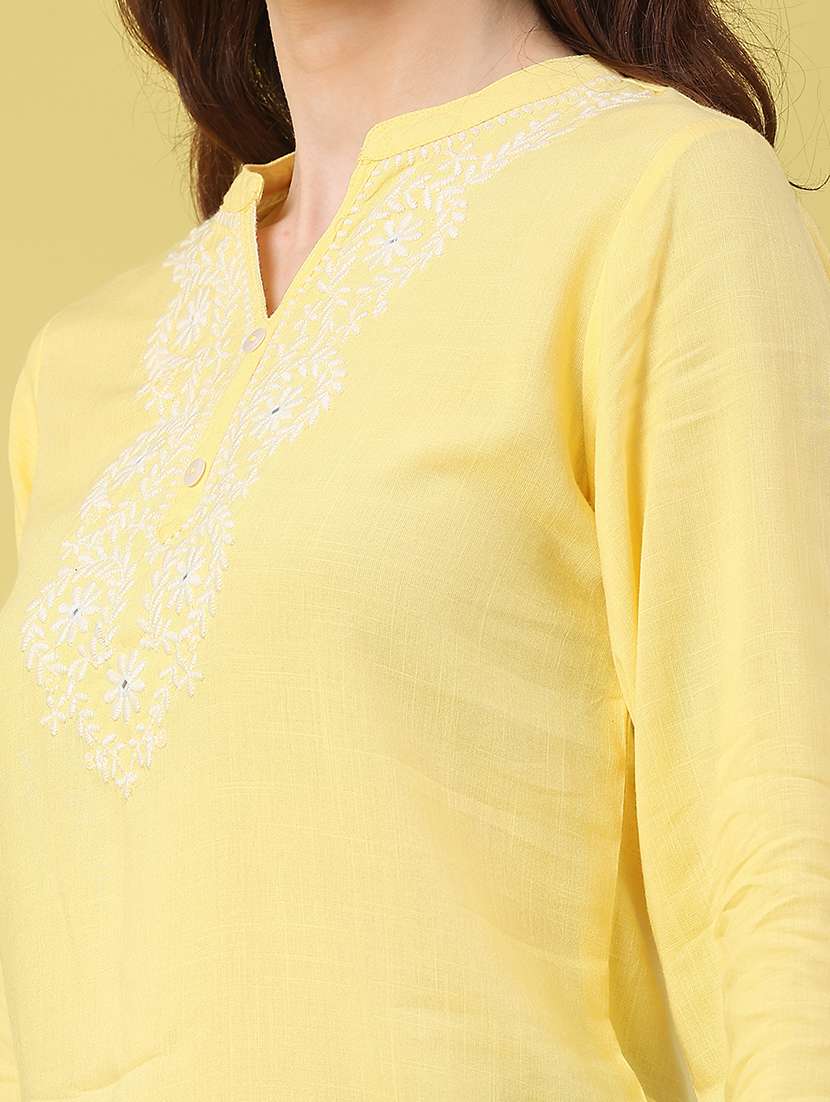 women solid with work three quarter sleeve straight kurti - 22178199 -  Standard Image - 5