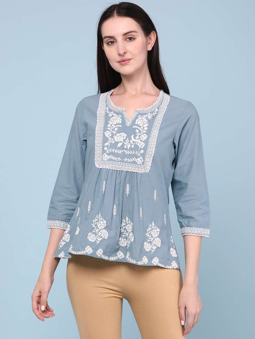 women embroidered three quarter sleeves regular top
