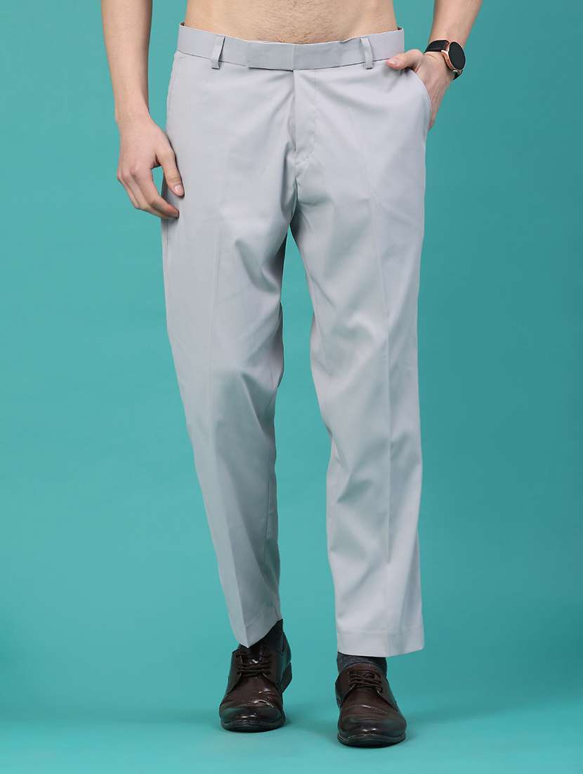 men solid mid rise slim fit formal trousers