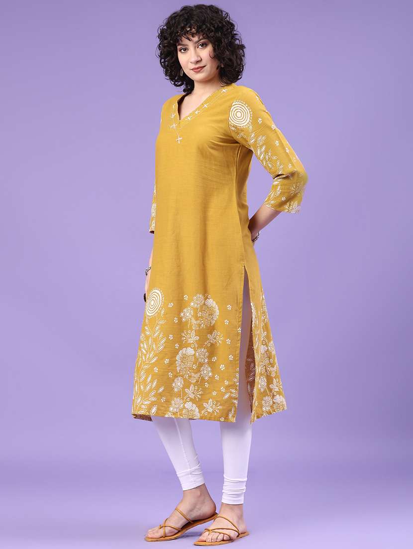 women floral printed three quarter sleeve straight kurta - 22178276 -  Standard Image - 3