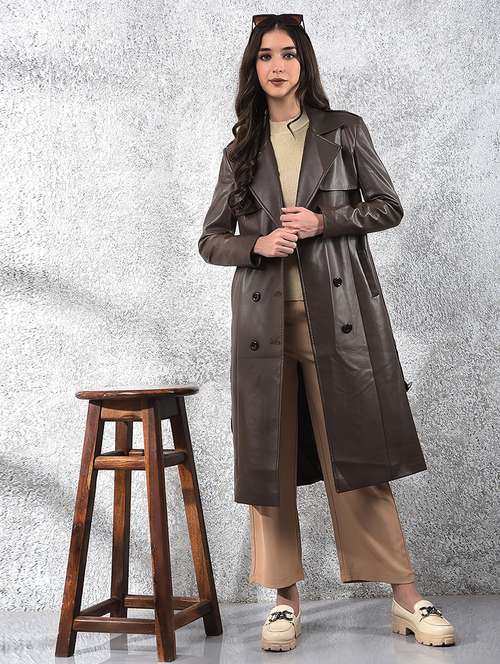 women brown solid long sleeve trench coat - 22178330 -  Standard Image - 0