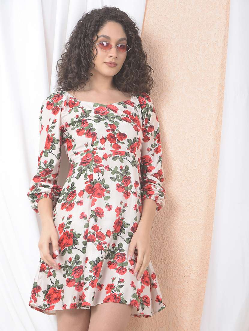 women floral print puff sleeve fit & flared dress