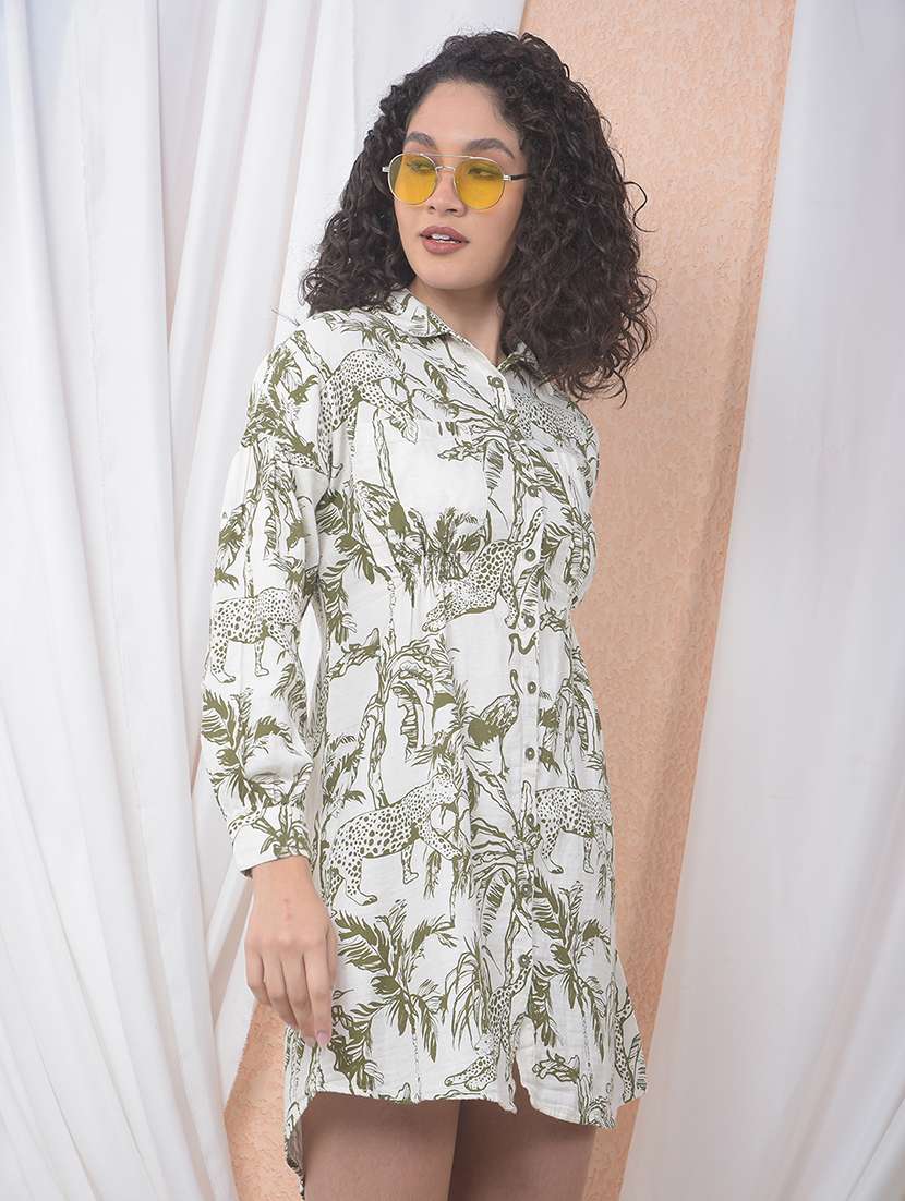 women printed collared long sleeve shirt dress