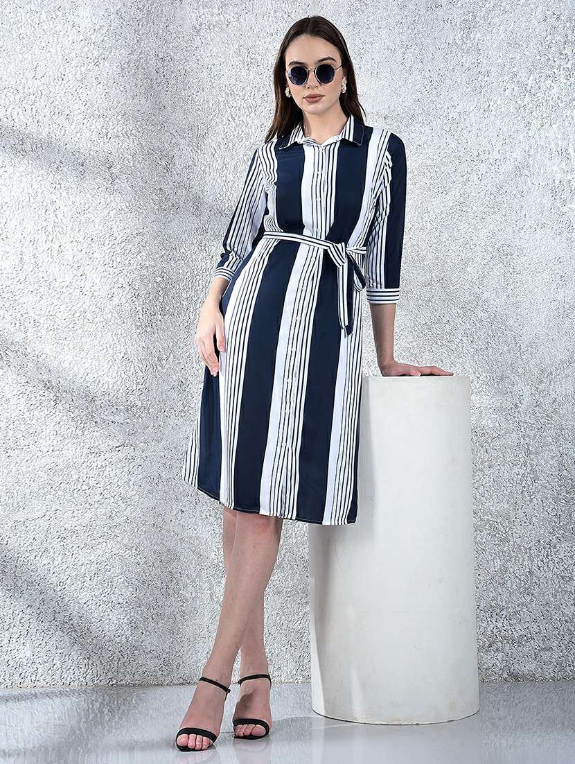 women striped collared three quarter sleeve shirt dress