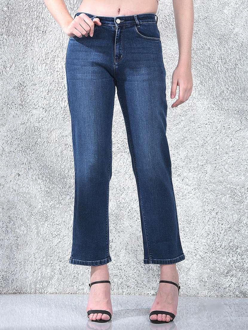 women solid mid rise straight fit jean
