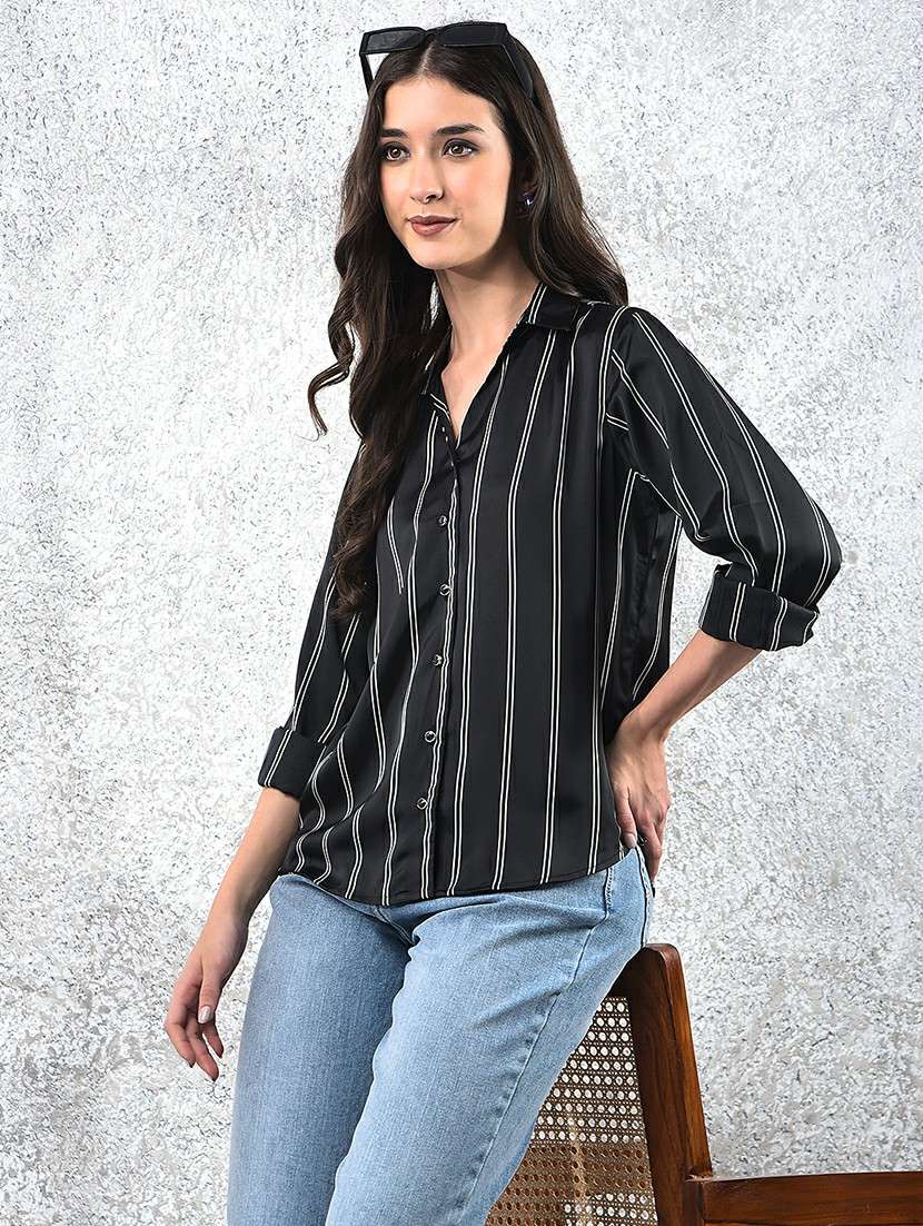 women striped collared long sleeve shirt