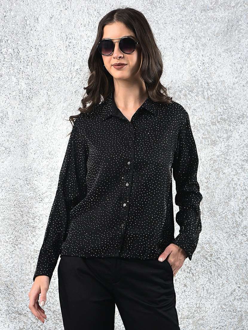 women polka doted collared long sleeve shirt